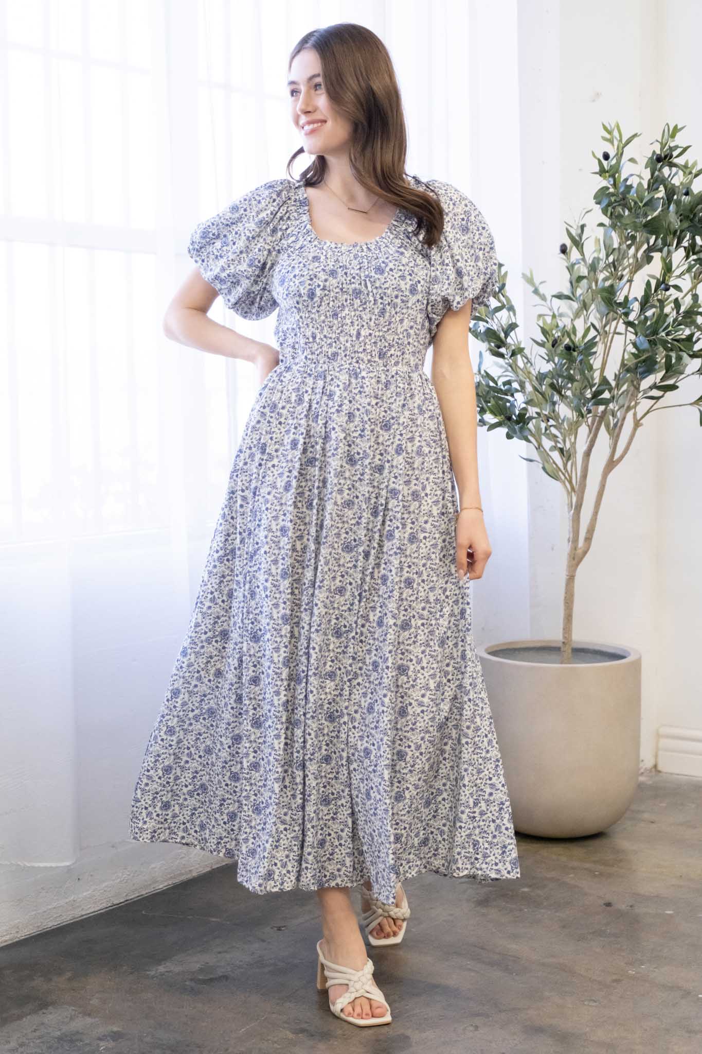 Blue Floral Smocked Maxi Dress