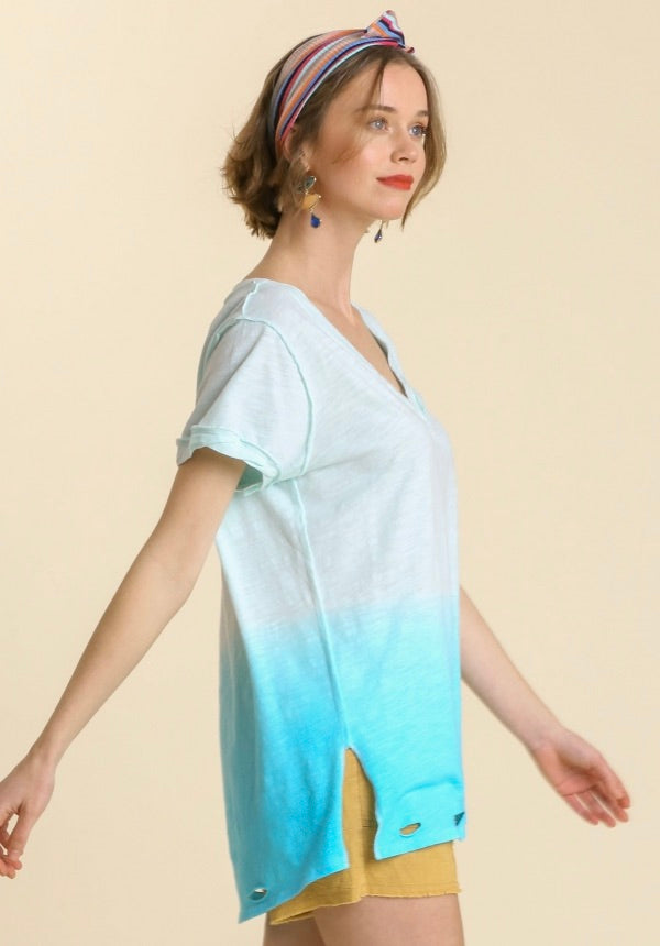 Gathered Dip Dye Distressed V-Neck T-Shirt