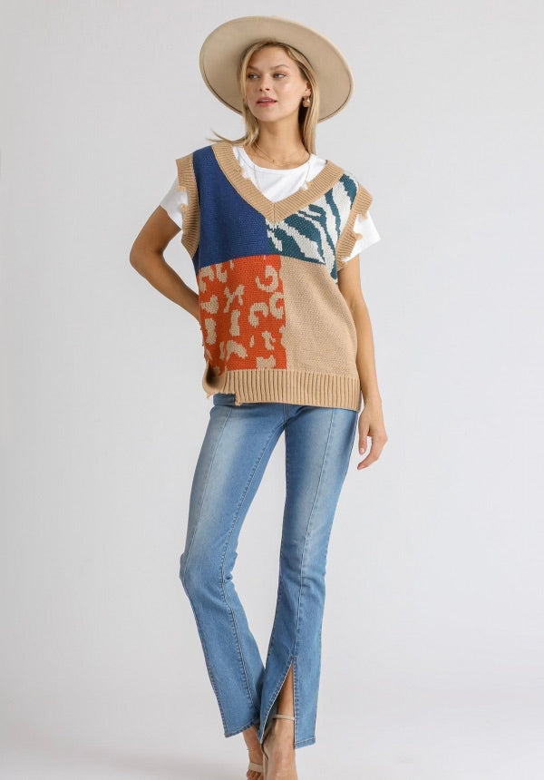 Animal Print V-Neck Sweater Vest