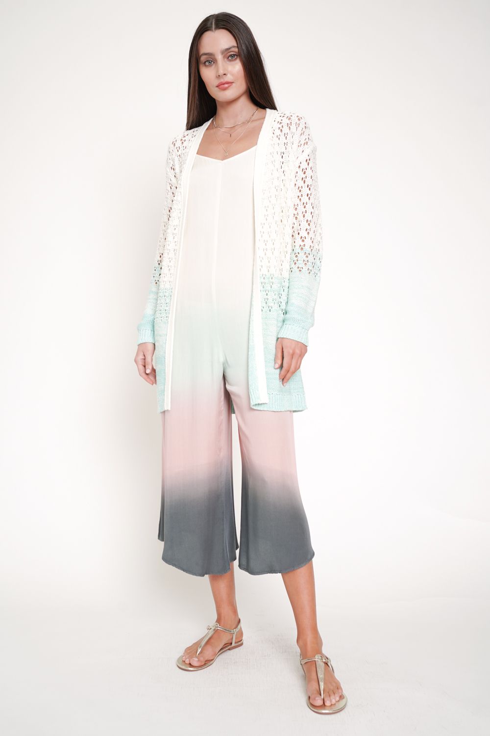 Ombre Bottom Loose Weave Open Cardigan