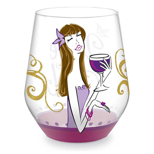 Wine Girl Hand Painted Stemless Wine Glass