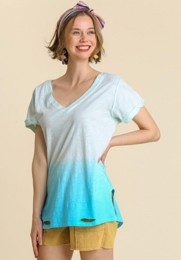 Gathered Dip Dye Distressed V-Neck T-Shirt
