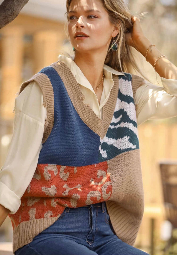Animal Print V-Neck Sweater Vest