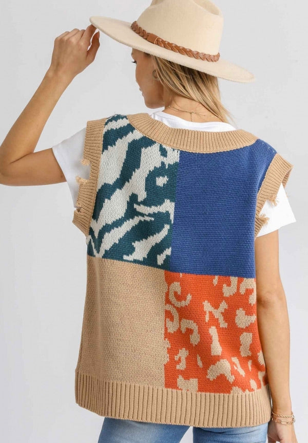 Animal Print V-Neck Sweater Vest