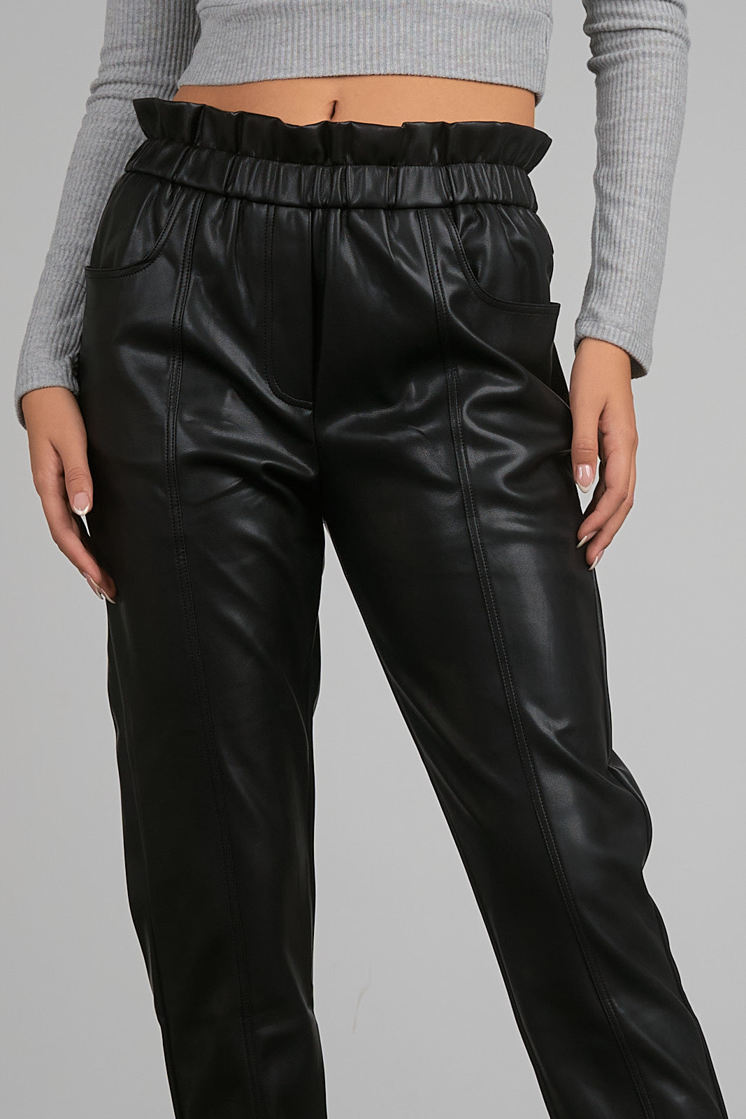 Faux Leather Elastic Ruffle Waistband Pants