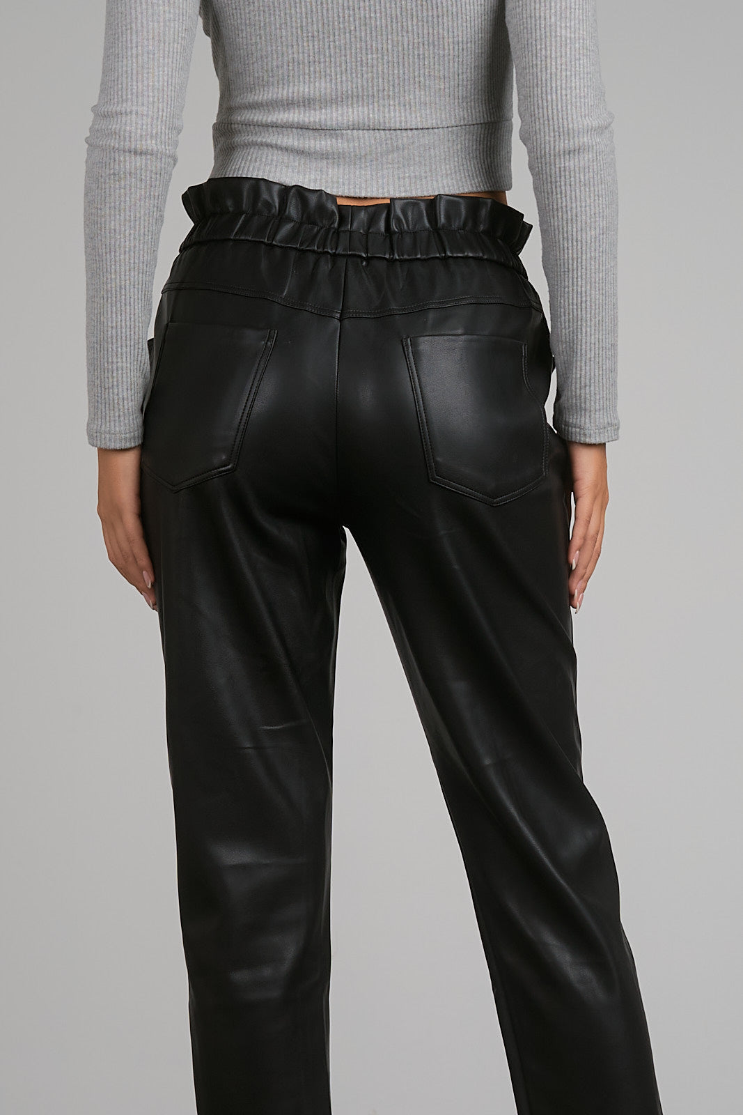 Faux Leather Elastic Ruffle Waistband Pants